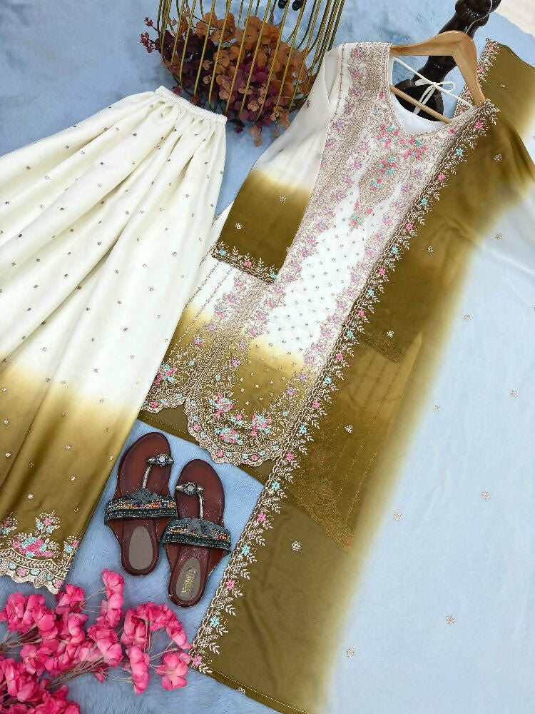 Teeya Creation New Trending Heavy Dual Tone Peding Star Georgette Mehendi Kurta Set