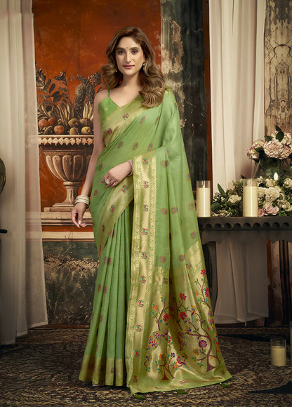Monjolika Fashion Light Green Kota Silk Blend Paithani Saree with Meenakari Floral Bootis