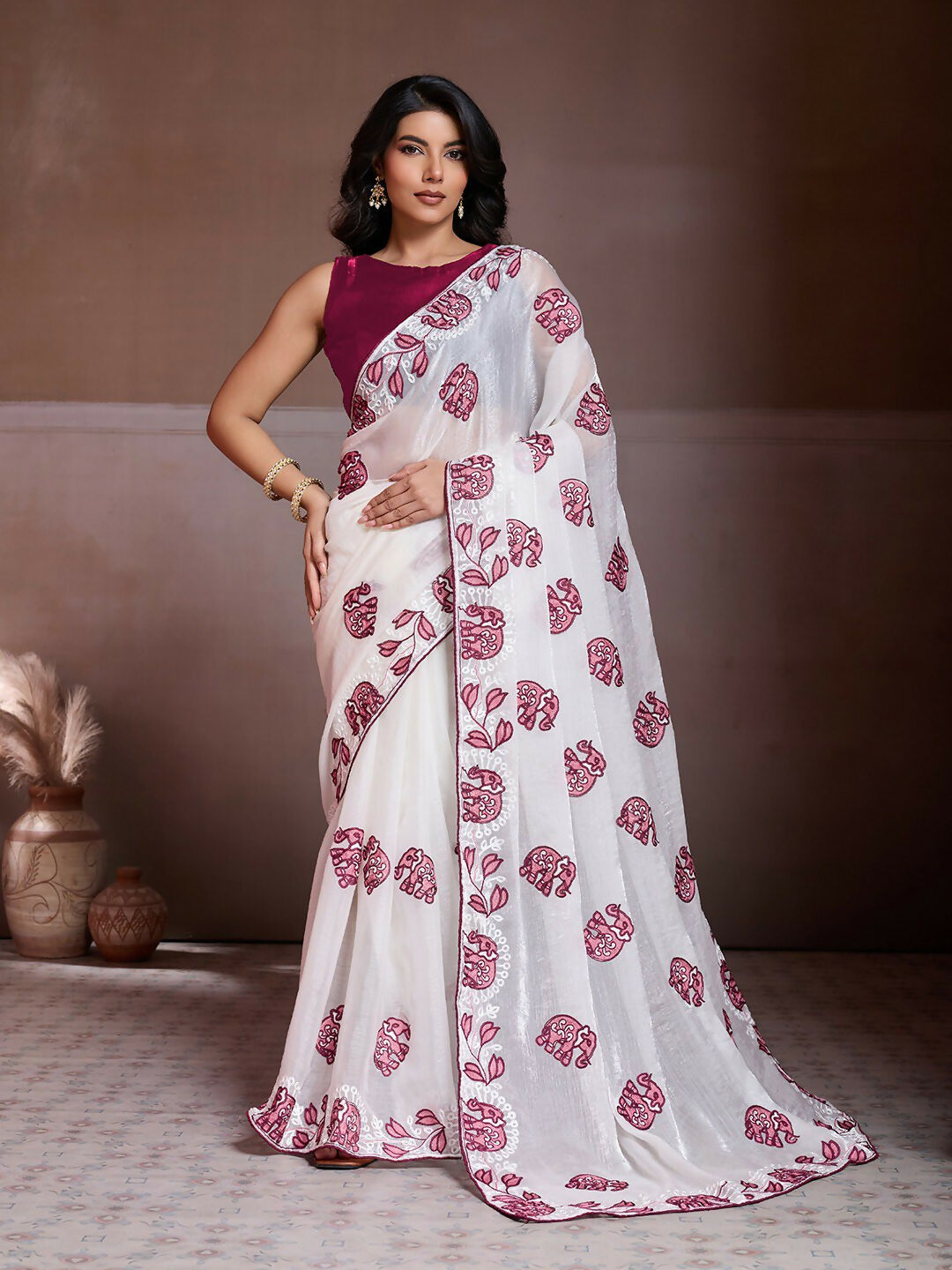Teeya Creation Womens New Fancy Trending Party Wear Fendy Chiffon Saree-White