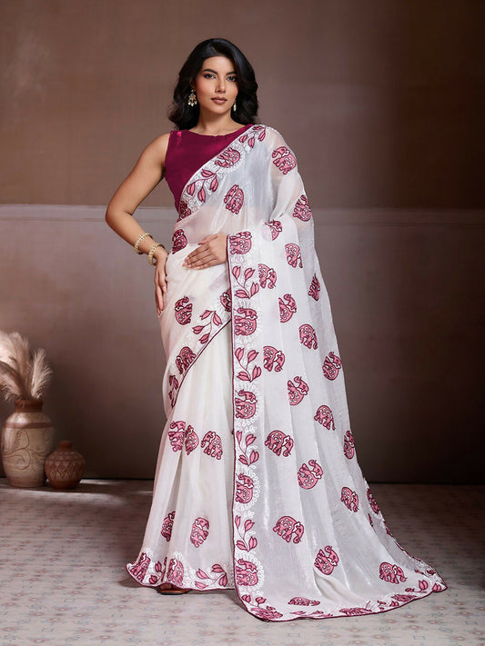 Teeya Creation Womens New Fancy Trending Party Wear Fendy Chiffon Saree-White