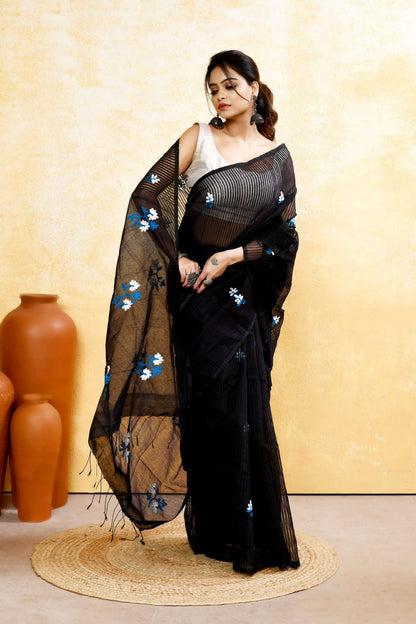 Piyari Fashion Women's Black Embellished Cotton Blend Embroidery Saree