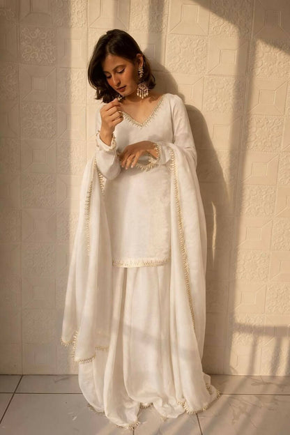 Teeya Creation Womens New Trending Less and Mirror Work Kurta Palazzo Set - White