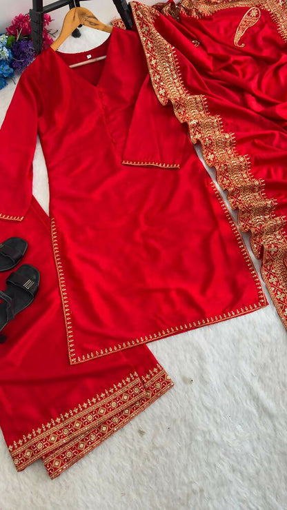 Teeya Creation New Latest Stylish Classic Red Festive Kurta Set with Gold Zari Border Palazzo and Dupatta