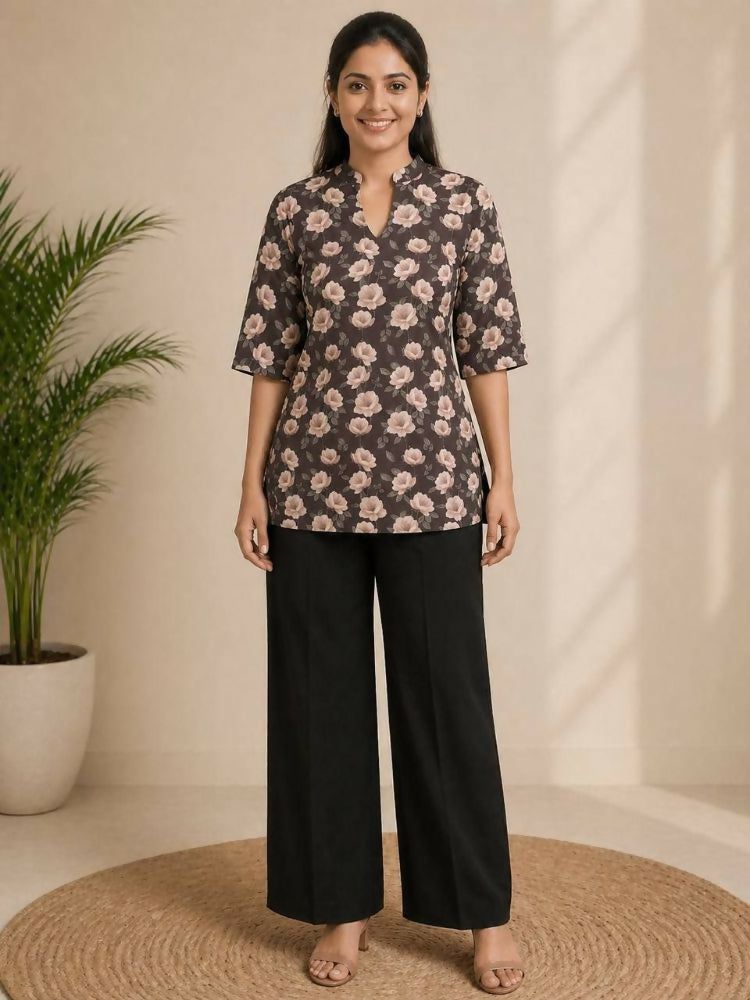 Teeya Creation Women Coffee Brown & Peach Floral Printed Cotton Kurti with Black Wide-Leg Palazzo Set