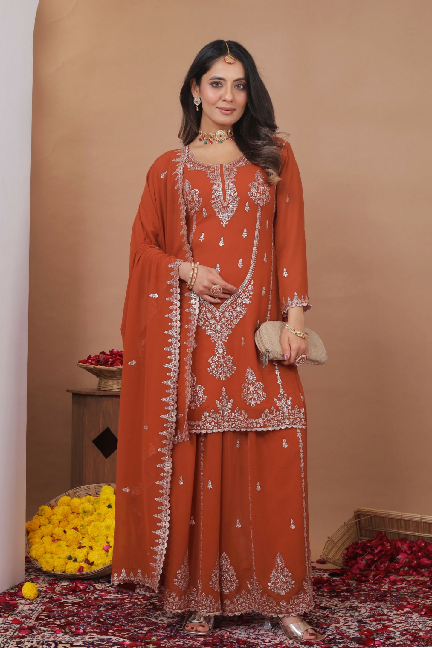 The52 Women's Gorgeous Embroidery Work Fox Georgette Fabric Straight Kurta Sharara and Dupatta Set-Orange
