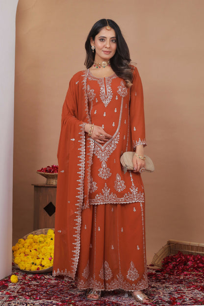 The52 Women's Gorgeous Embroidery Work Fox Georgette Fabric Straight Kurta Sharara and Dupatta Set-Orange