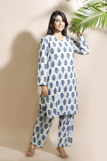 Breathables WomenS Cream Cotton Indian Motif Butta Loungewear Co-Ord Set  Long Kurta & Pants