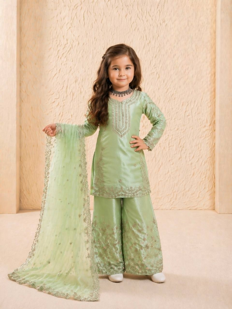 Teeya Creation New Kids Wedding Wear Heavy Embroidery Sequence Work Kurta Sharara Set-Green