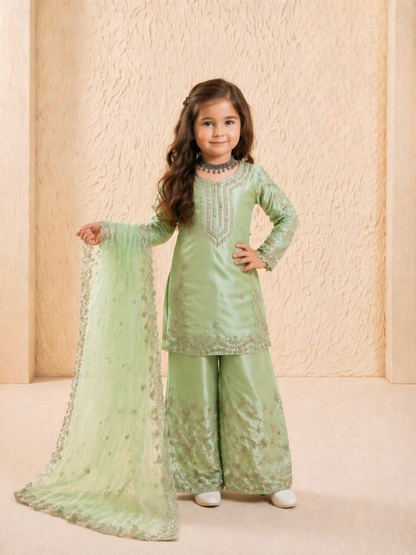 Teeya Creation New Kids Wedding Wear Heavy Embroidery Sequence Work Kurta Sharara Set-Green