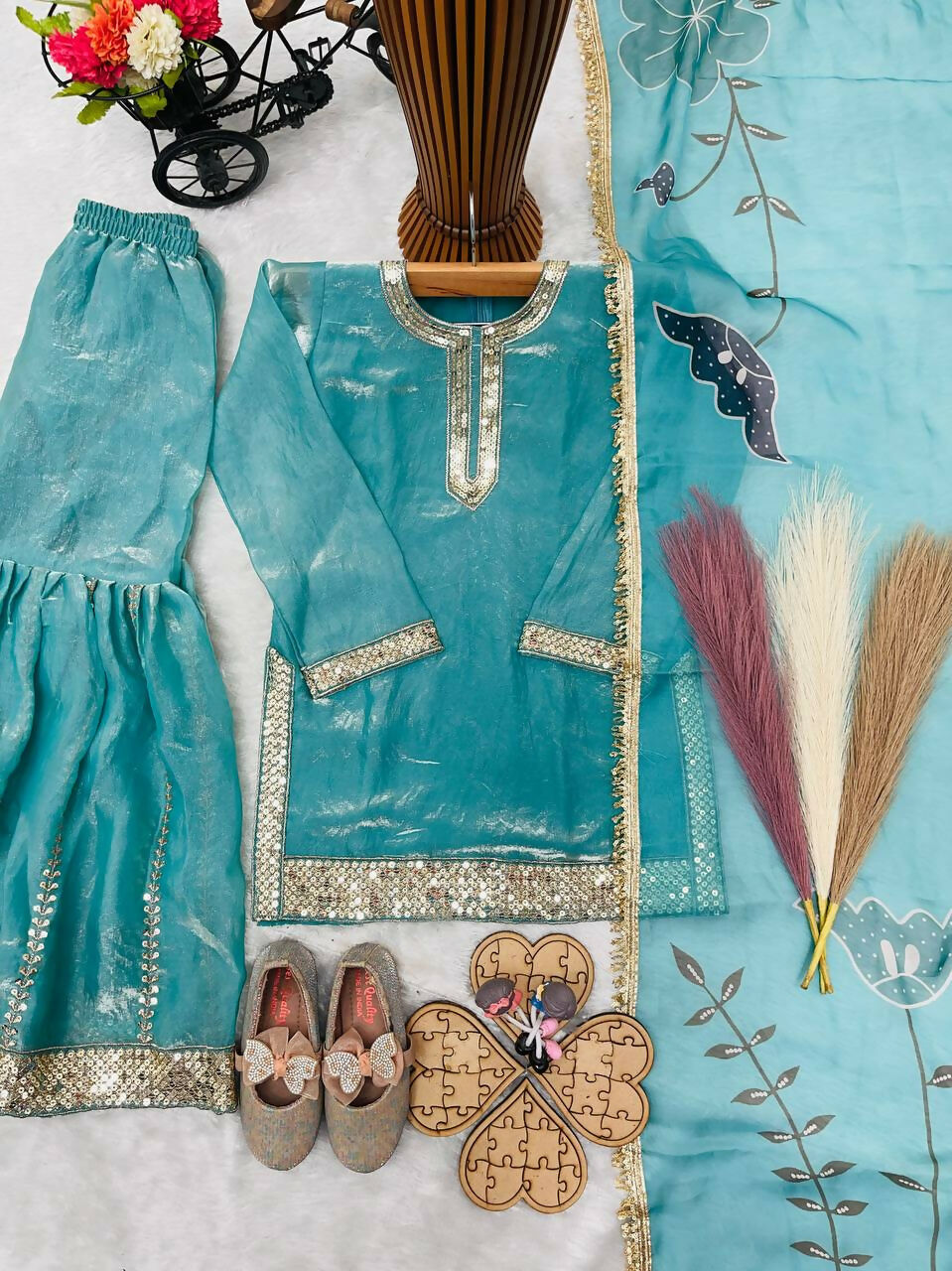 Teeya Creation New Kids Latest Trendy Kurta Sharara Set-Turquoise
