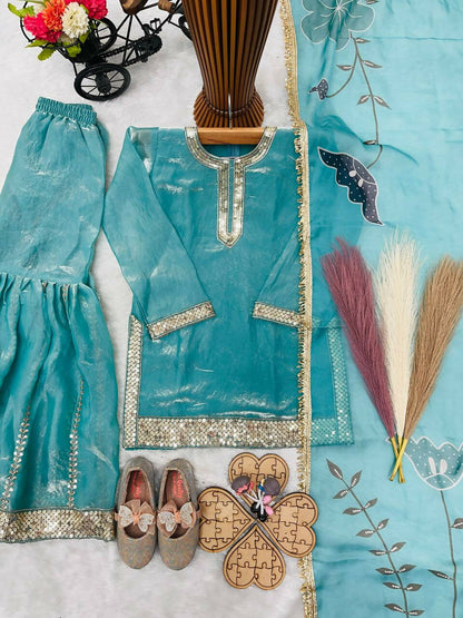 Teeya Creation New Kids Latest Trendy Kurta Sharara Set-Turquoise