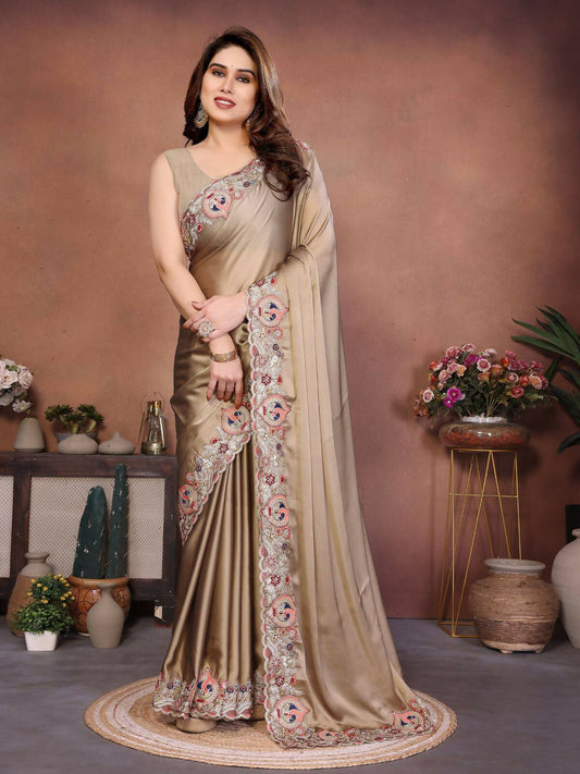 Teeya Creation New Trendy Party Wear Soft Silk Saree-Brown