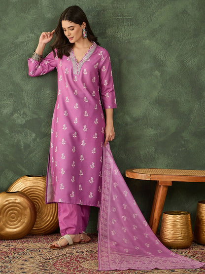 The52 Women's Gorgeous Rayon Fabric Printed Work Straight Kurta Pant and Dupatta Set-Onion