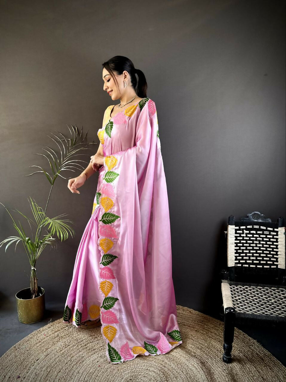 Prime Volt Multicolor Leaf Embroidery Rangoli Silk Saree with Scalloped Border-Pink