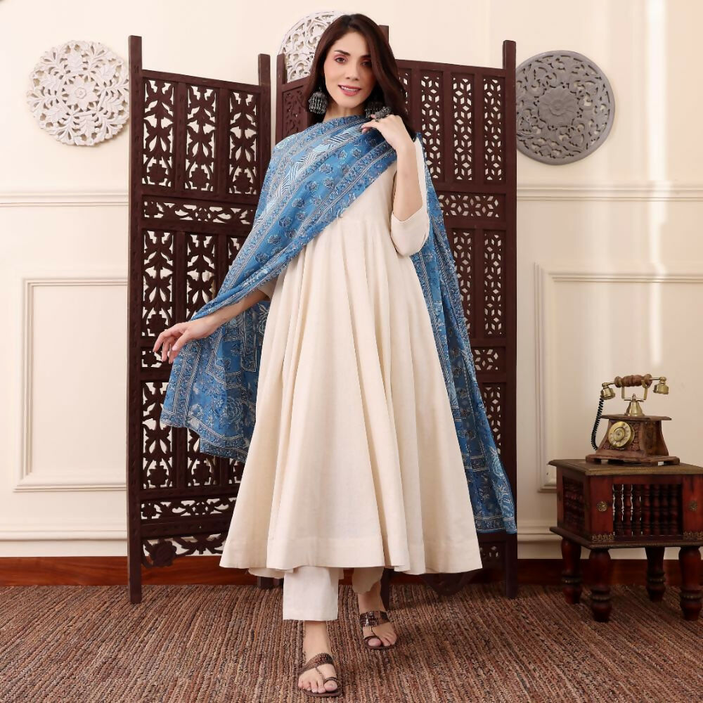 The52 Women's Beautiful Solid Chanderi Silk Fabric Flared Anarkali Pant and Dupatta Set-Off White