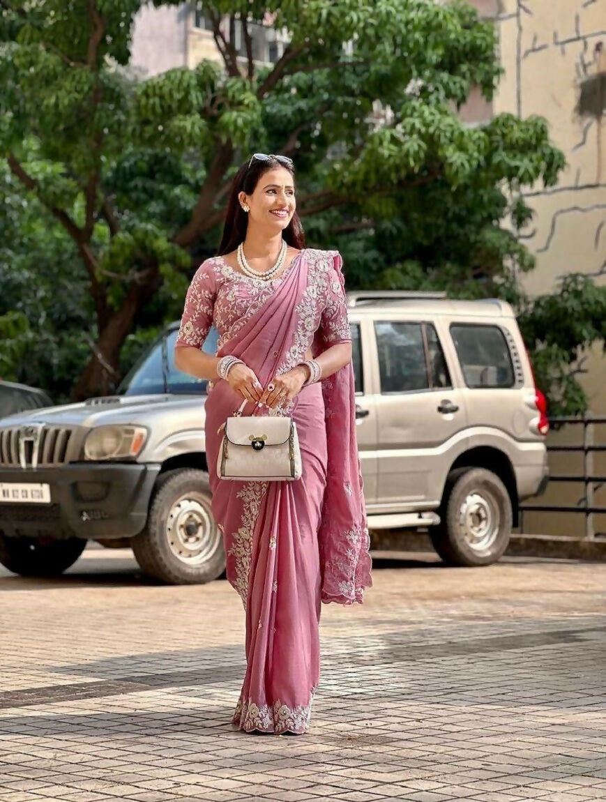 Teeya Creation New Womens Trendy Stylish Embroidered Work Saree-Beige