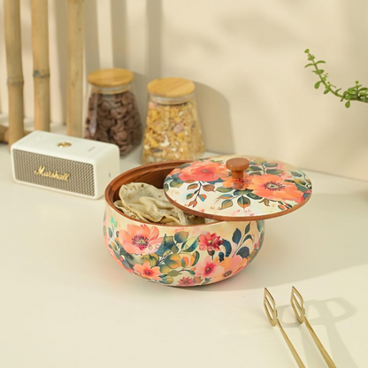 Brick Brown Handcrafted Enamel Coated Wooden Pastel Flora Roti Box