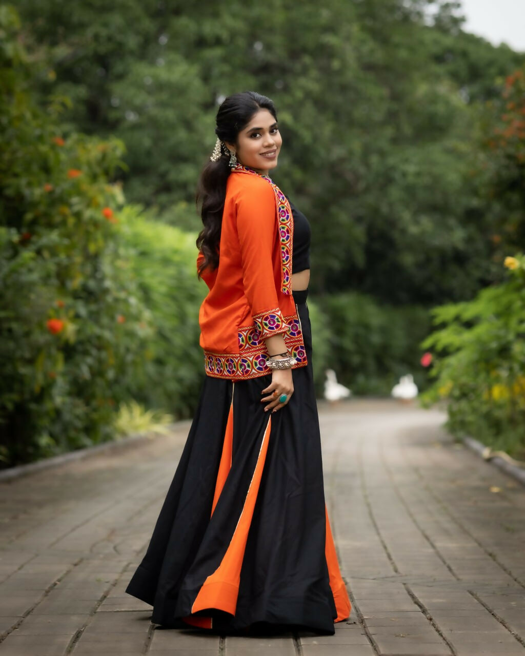 Yash Enterprise Orange Colored Rayon Cotton Embroidery Semi Stitched Navratri Top Chaniya Choli