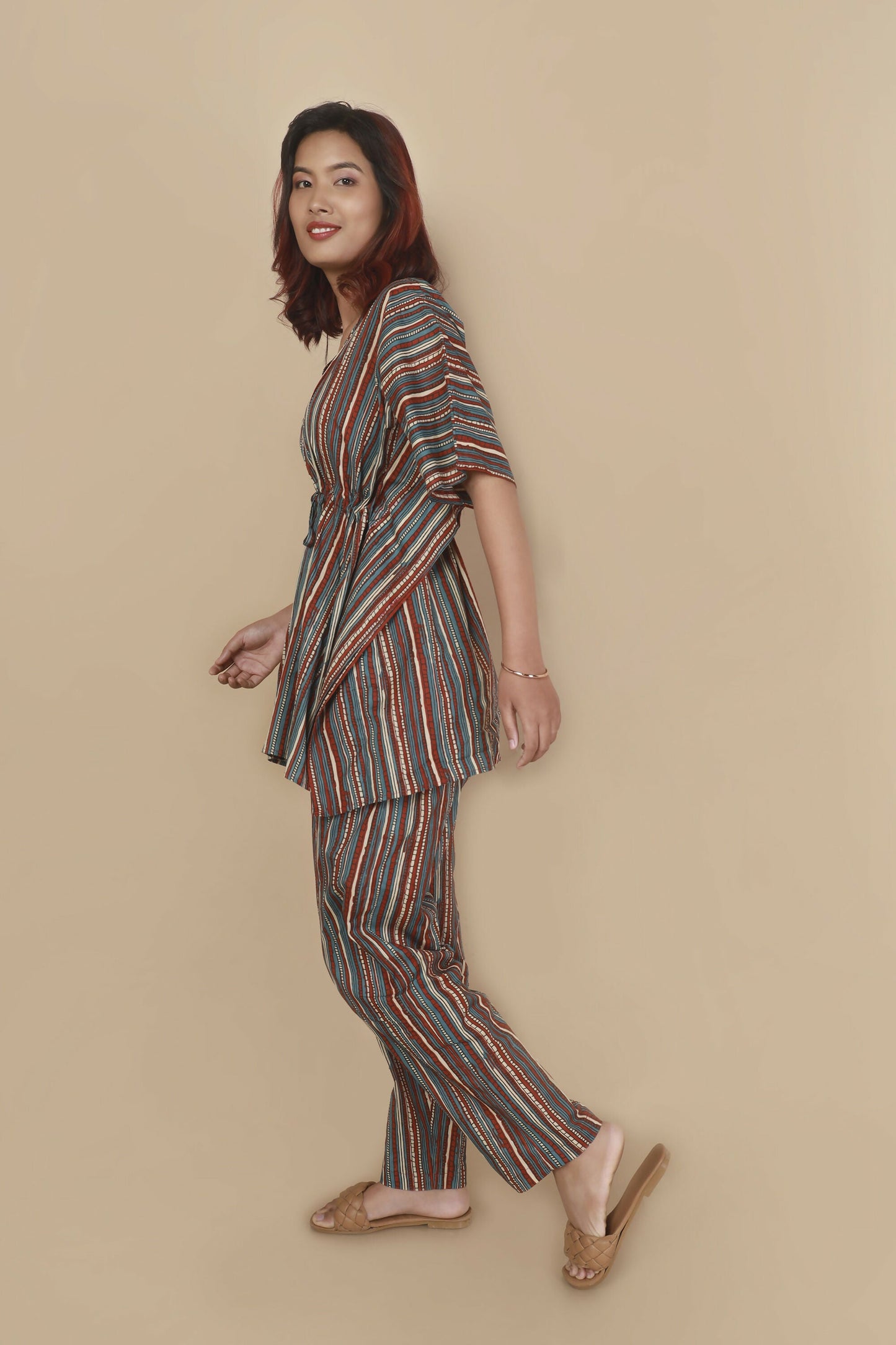Breathables WomenS Loungewear Kaftan Cotton Aqua Blue Stripes Print Co-Ord Set