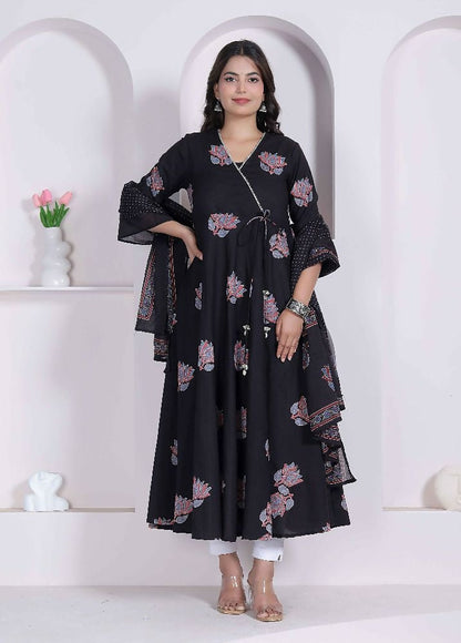 Miravan Black Printed Cotton Anarkali Kurta & Dupatta For Women