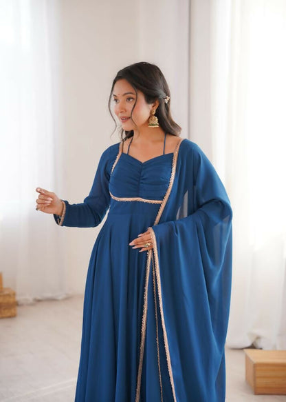 The52 Women's Gorgeous Solid Fox Blooming Georgette Fabric Flared Anarkali and Dupatta Set-Teal Blue