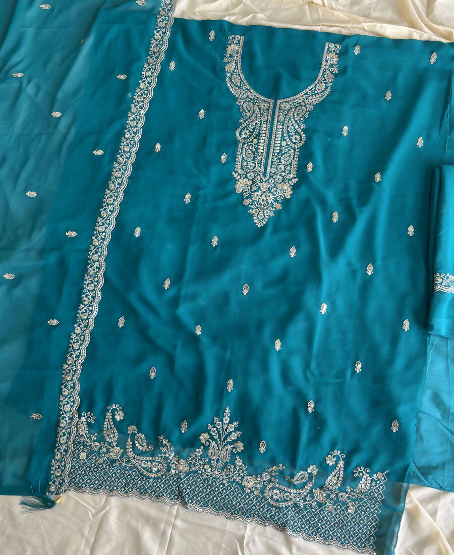 KC Aqua Blue Georgette Heavy Embroidered Fancy Suit For Women