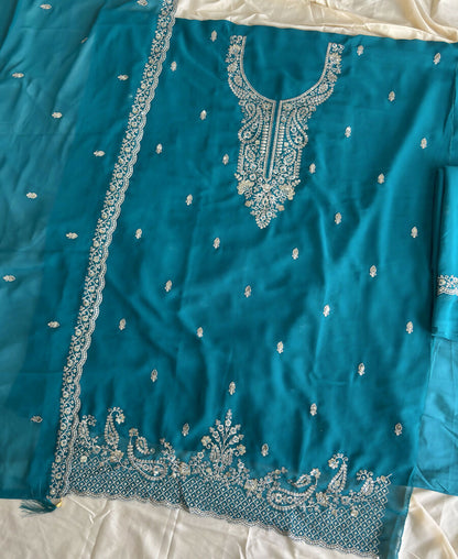 KC Aqua Blue Georgette Heavy Embroidered Fancy Suit For Women
