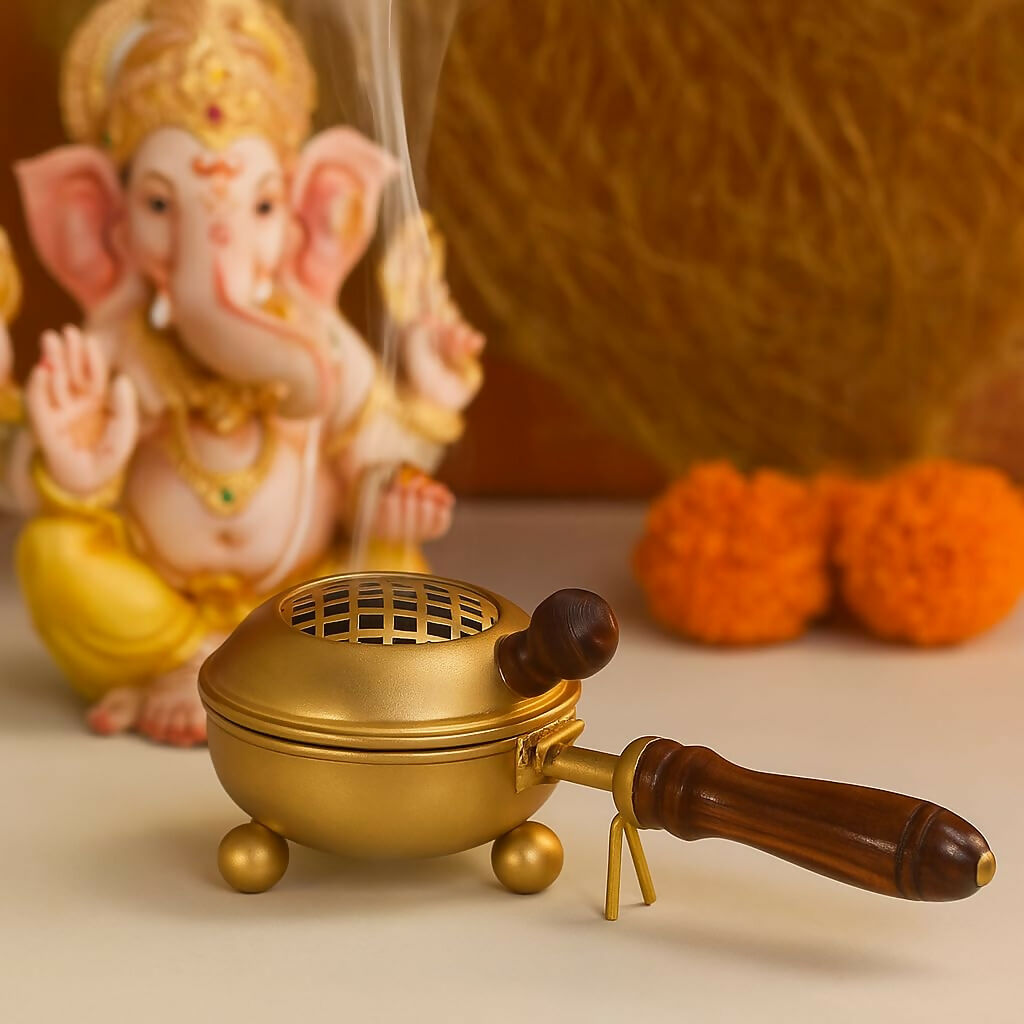 Not Available Handcrafted Metal Dhoop Dani Incense Burner - Golden Color
