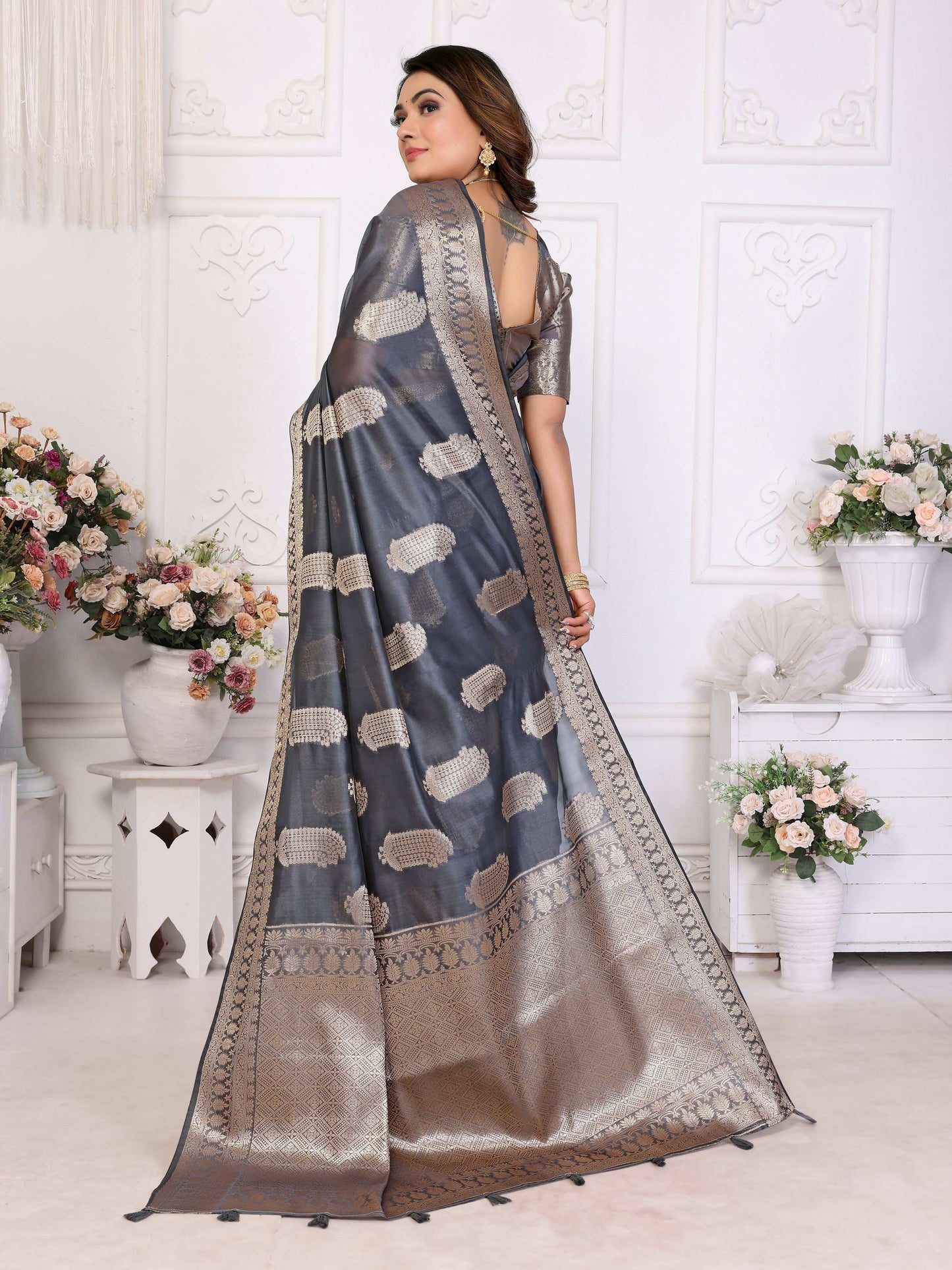 Aastha Fashion Grey Soft Organza Silk Weaving Saree
