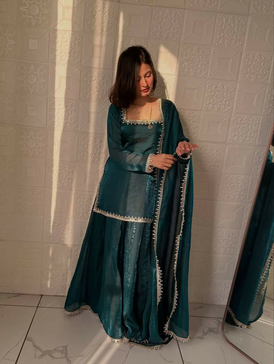 Teeya Creation Womens New Trending Less and Mirror Work Kurta Palazzo Set - Teal