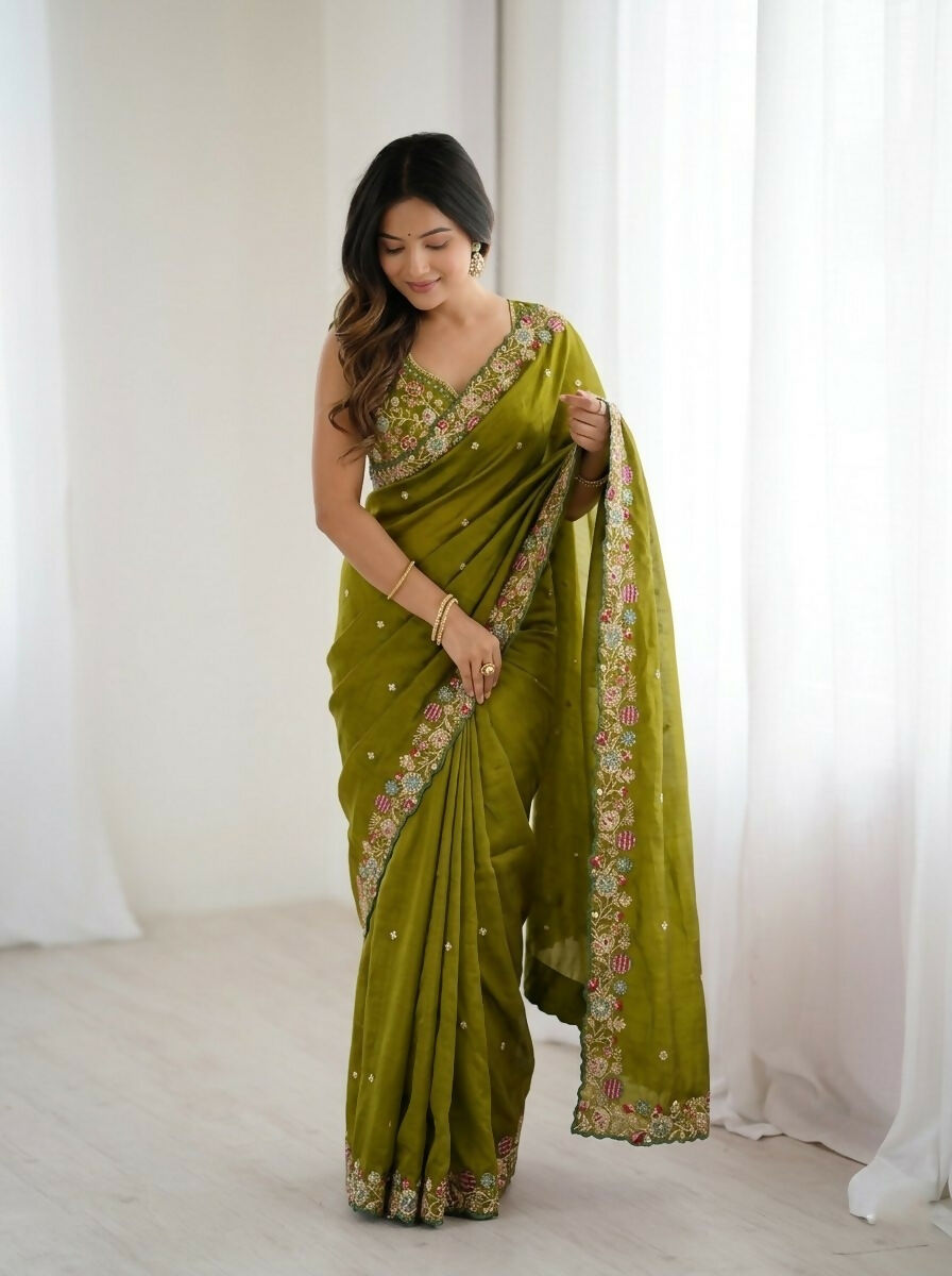 Teeya Creation New Trendy Party Wear Soft Satin Chiffon Saree-Dark_Green