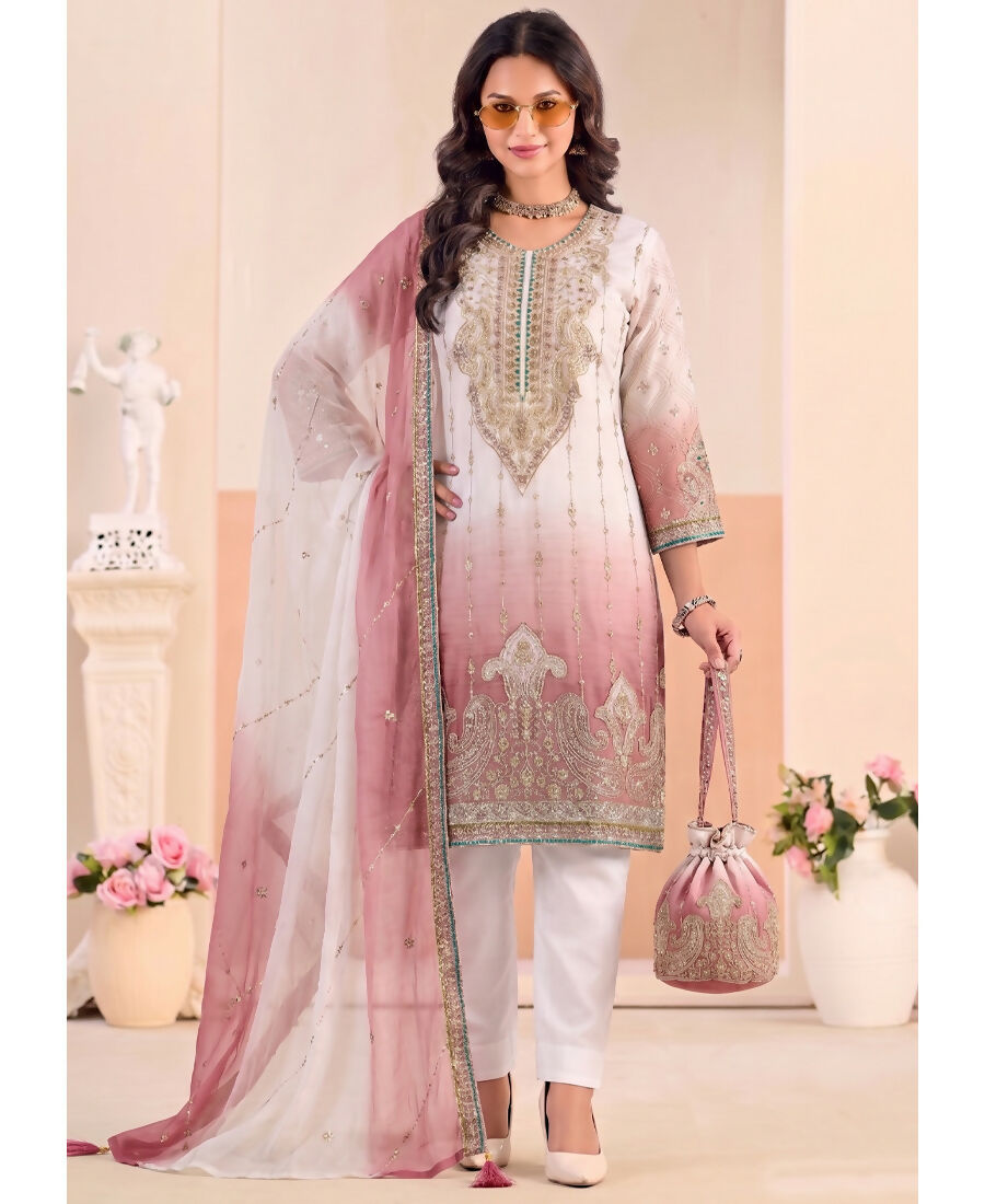 KC Designer Pink Ombre Straight Suit For Women With Hand Embroidery