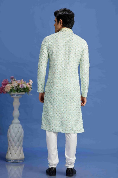 Raivat Ethnic Cotton Embroidery Kurta Pajama In Sea Green Colour