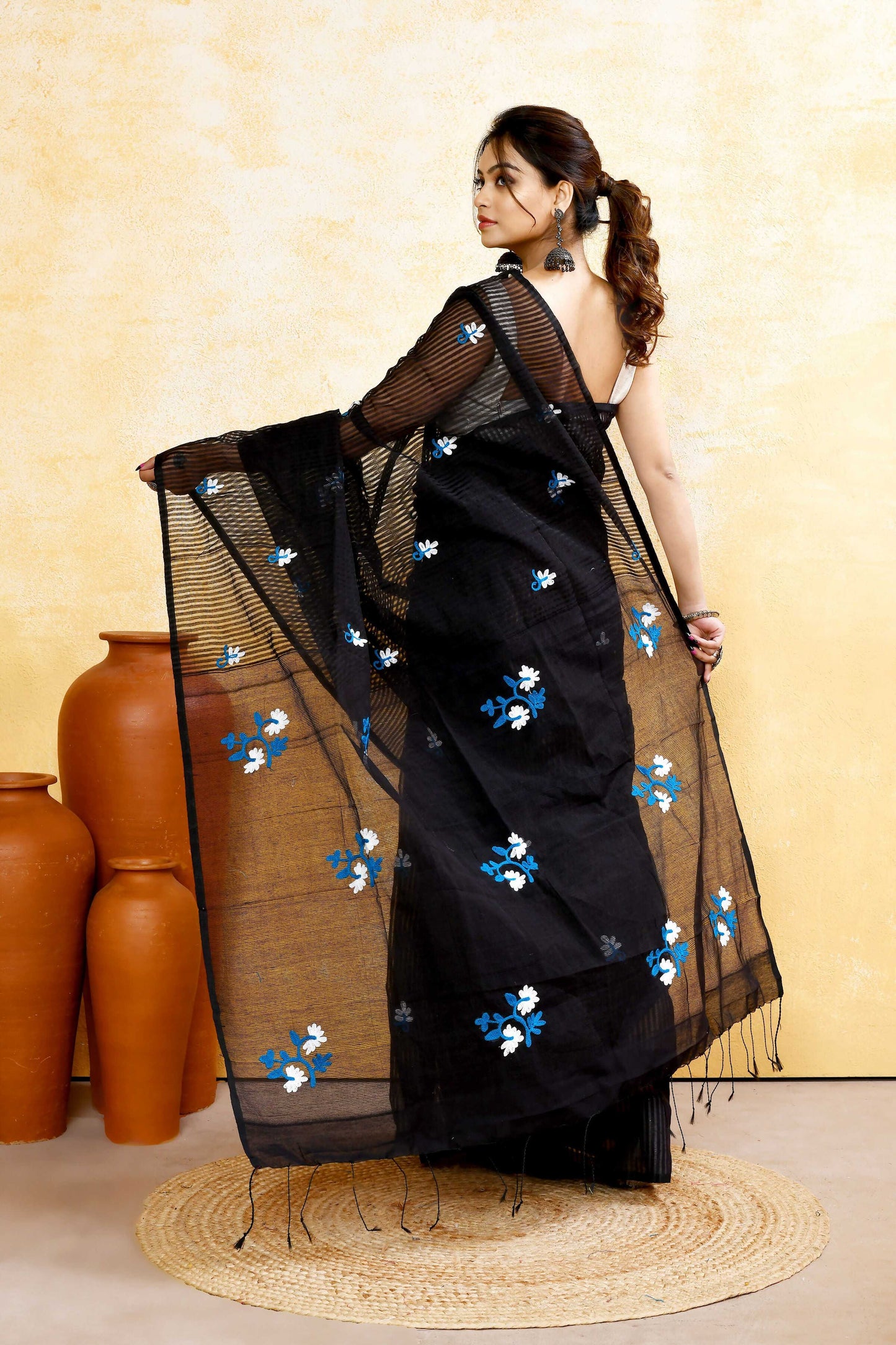 Piyari Fashion Women's Black Embellished Cotton Blend Embroidery Saree