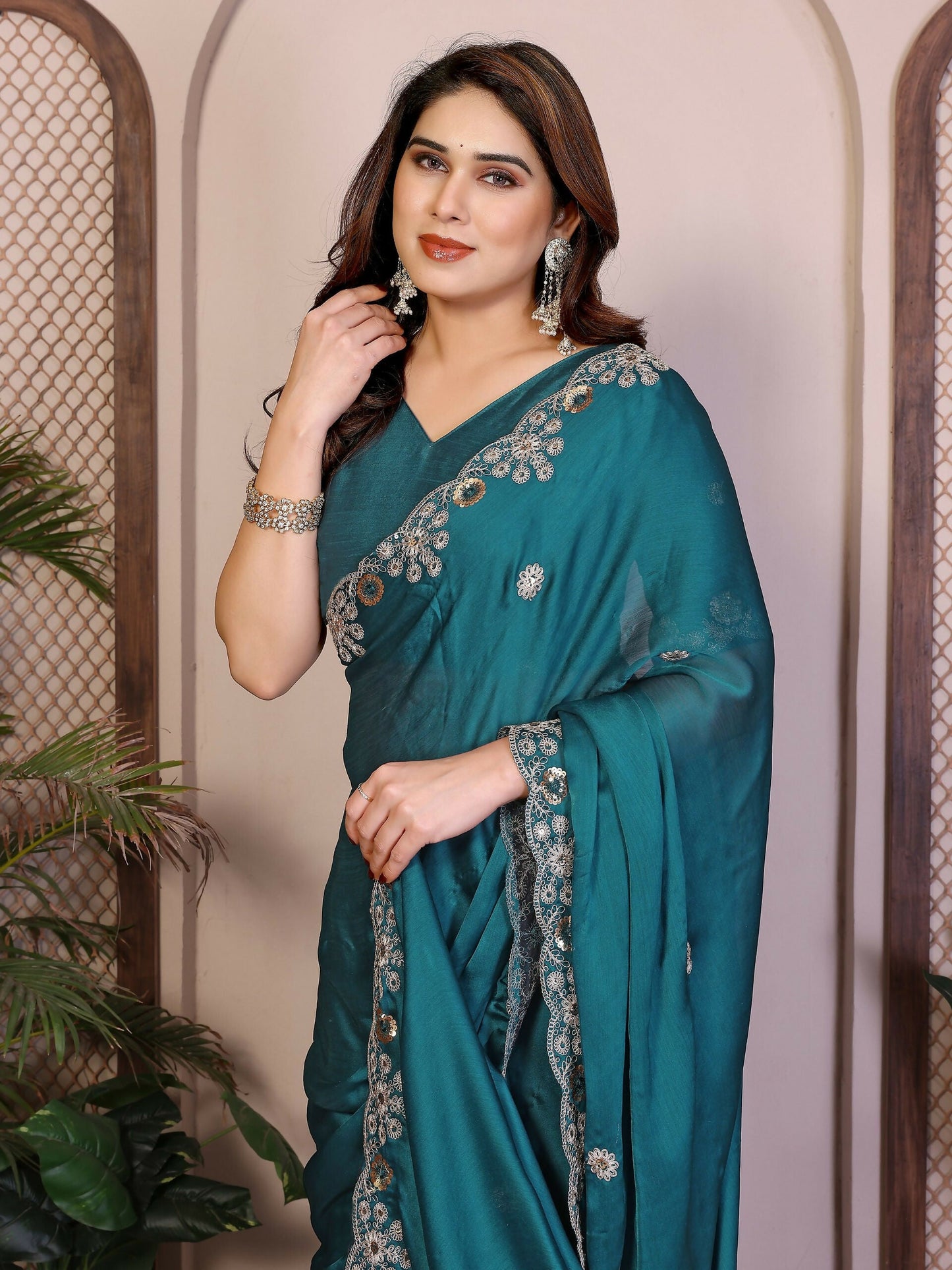Teeya Creation New Trendy Party Wear Soft Satin Chiffon Saree-Teal