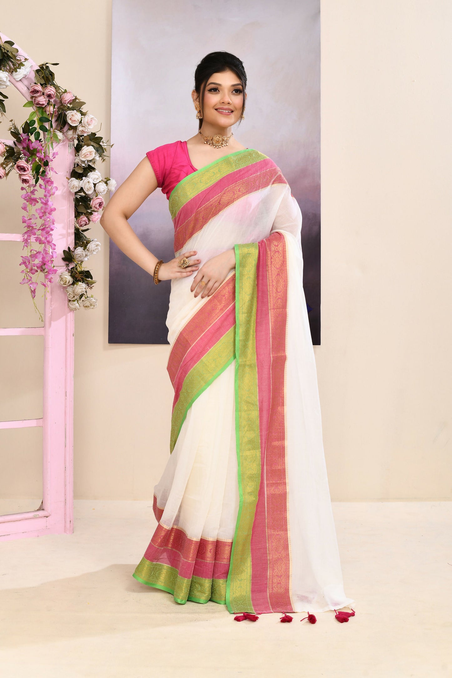 Piyari Fashion Women's Off White Embellished Zari Border Cotton Saree