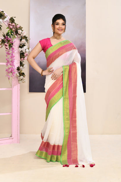 Piyari Fashion Women's Off White Embellished Zari Border Cotton Saree