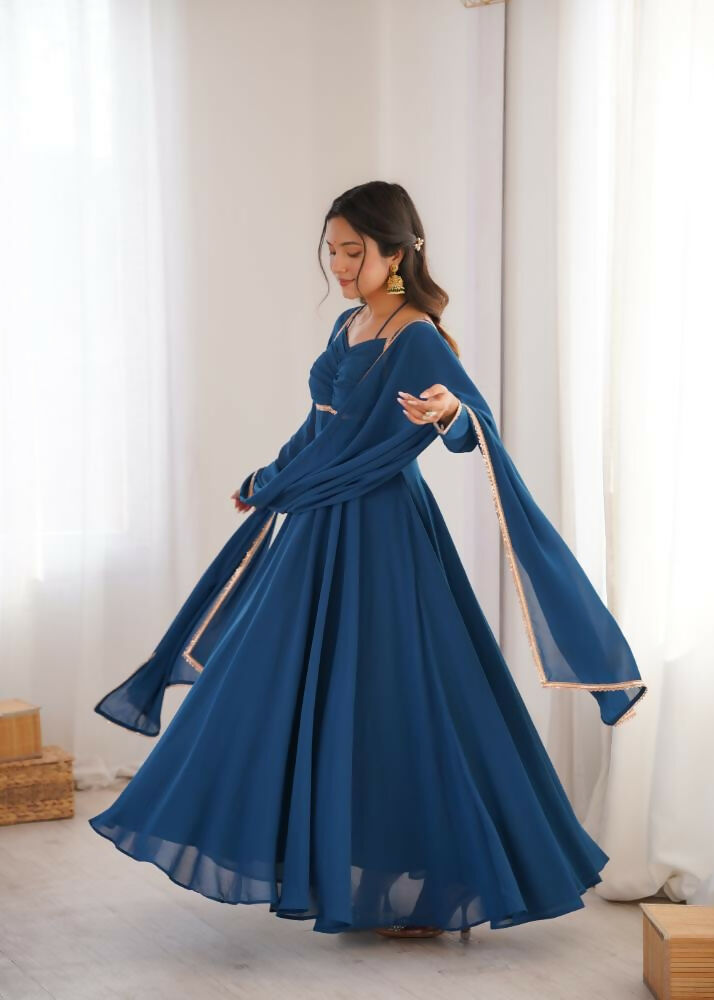 The52 Women's Gorgeous Solid Fox Blooming Georgette Fabric Flared Anarkali and Dupatta Set-Teal Blue