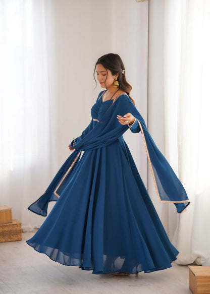 The52 Women's Gorgeous Solid Fox Blooming Georgette Fabric Flared Anarkali and Dupatta Set-Teal Blue