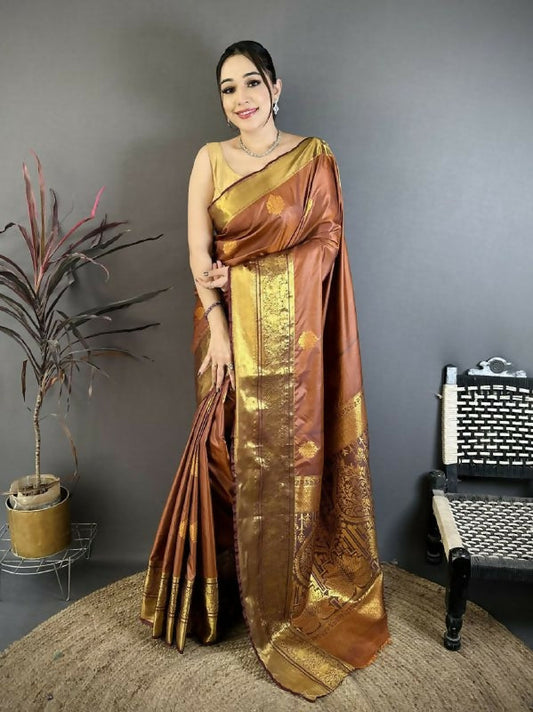 Prime Volt Premium Raw Mango Soft Silk Saree in Trending Rust Orange with Zari Weaving-Rust Golden