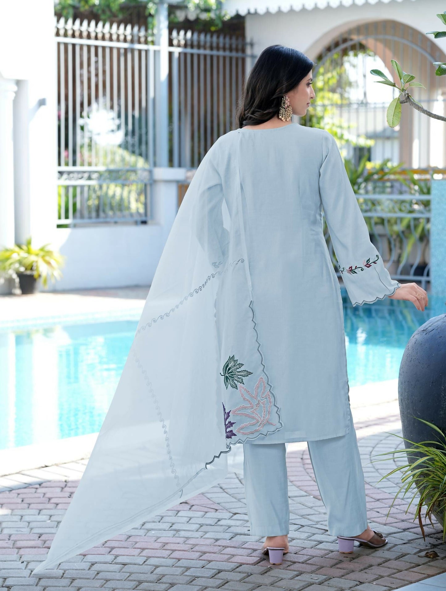 Nikhaar Light Blue Embroidered Art Silk Stitched Straight Cut Kurta Pants Dupatta Readymade Suit