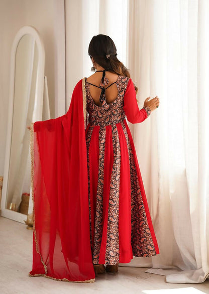 Teeya Creation Women's Red Black Paisley Print Anarkali Gown Set with Dupatta Festive Ethnic Wear
