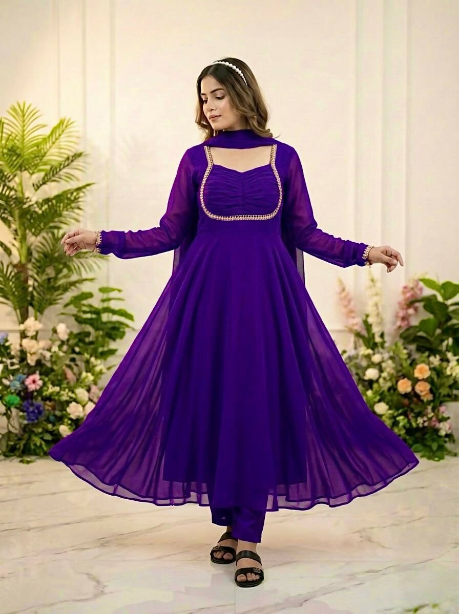 Teeya Creation Womens New Fancy Silk Heavy Quality Fabric With Handwork Purple Gown Set