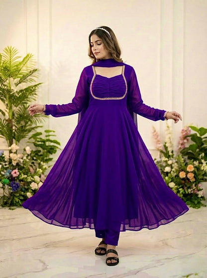 Teeya Creation Womens New Fancy Silk Heavy Quality Fabric With Handwork Purple Gown Set