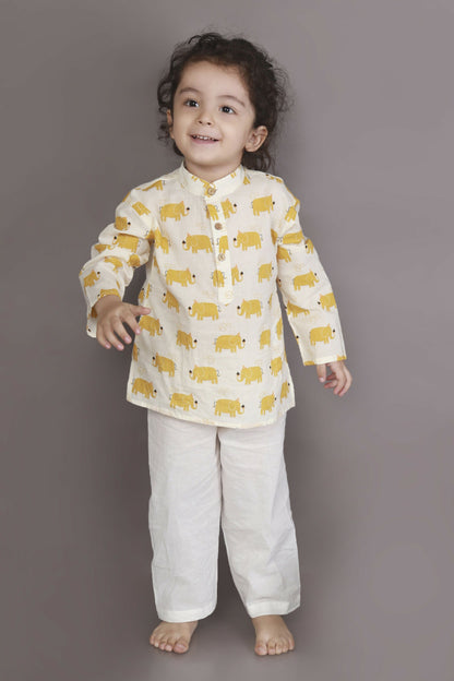Breathables Kids Cotton Night Suit  Yellow Elephant Print Kurta & Pyjama Co-Ord Set For Boys & Girls
