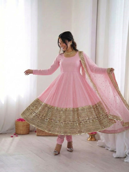 Teeya Creation Womens New Pastel Pink Solid Anarkali Kurta With Heavy Embroidered Border Gown Set