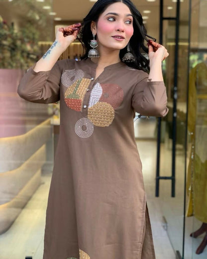 Teeya Creation Women Brown Geometric Embroidered Straight Kurta with Pants and Dupatta Set