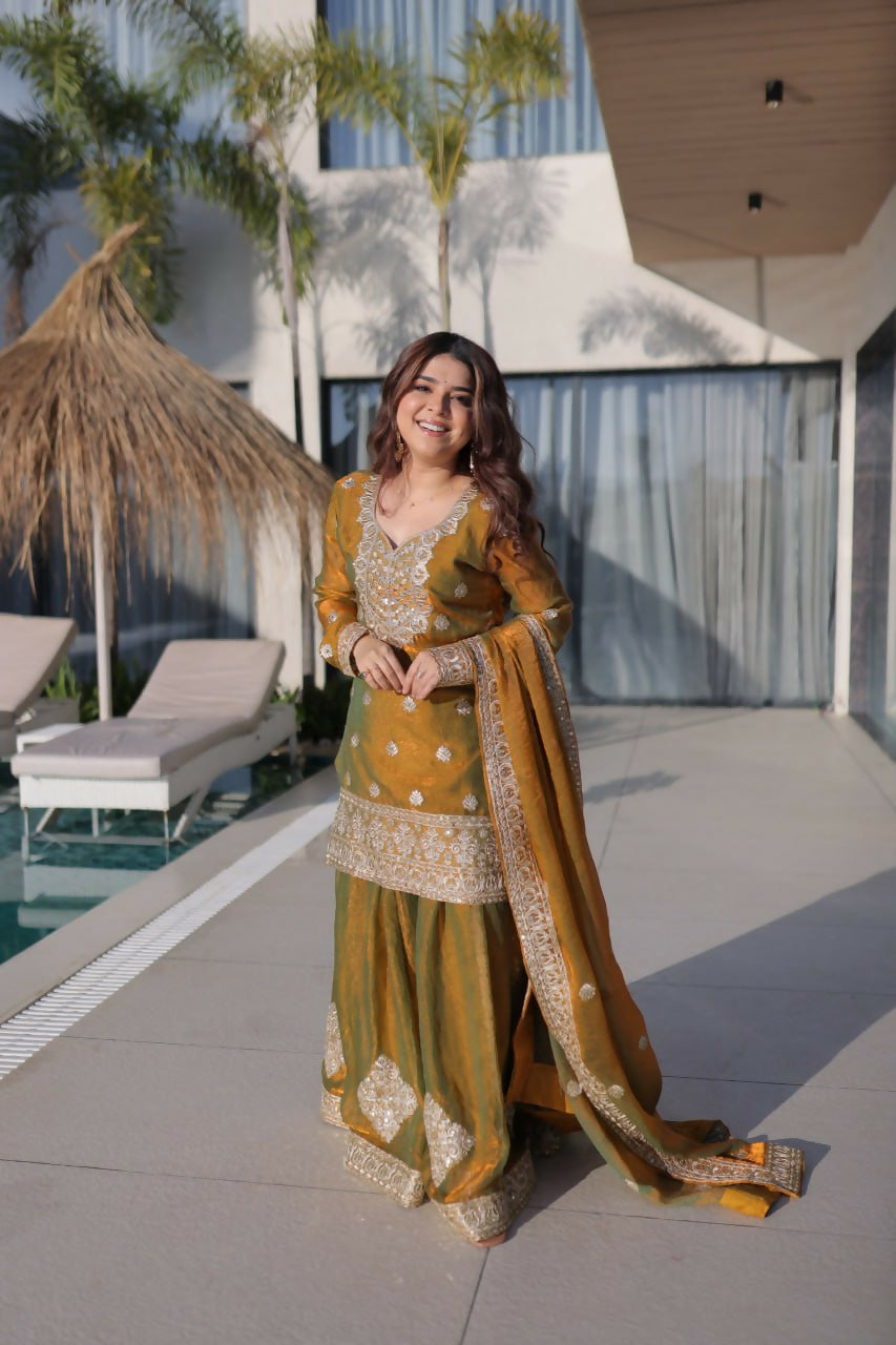 Teeya Creation Womens New Fendi Chiffon With Zari Sequins Coding Embroidered Work Kurta Set