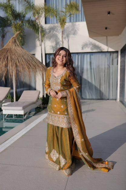 Teeya Creation Womens New Fendi Chiffon With Zari Sequins Coding Embroidered Work Kurta Set