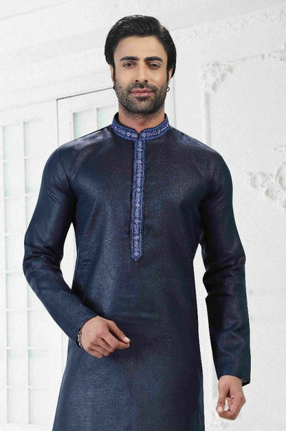 Raivat Ethnic Linen Cotton Thread Work Kurta Pajama In Blue Colour